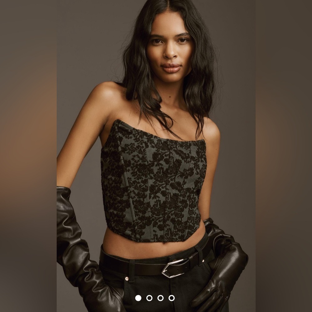 By Anthropologie Strapless Seamed Top Size Large Black Flowers